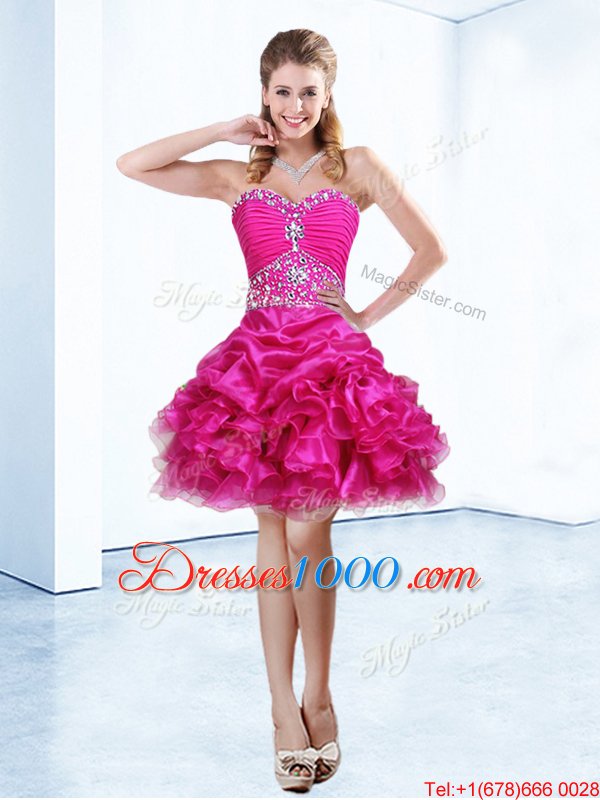 Hot Pink Sleeveless Beading and Ruffles and Pick Ups Mini Length Pageant Dress Wholesale