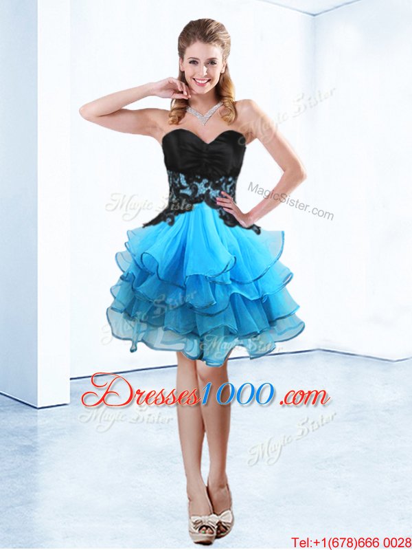 Popular Sweetheart Sleeveless Pageant Dress Toddler Mini Length Ruffled Layers Blue And Black Organza