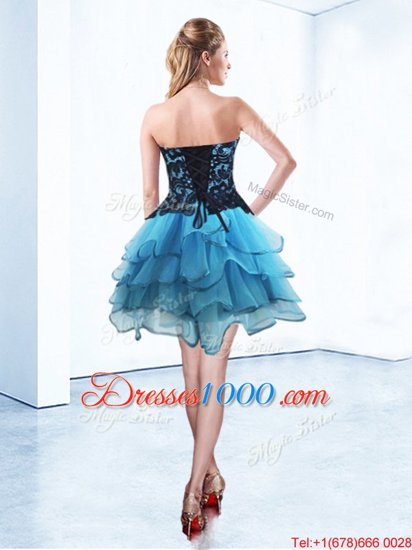 Popular Sweetheart Sleeveless Pageant Dress Toddler Mini Length Ruffled Layers Blue And Black Organza