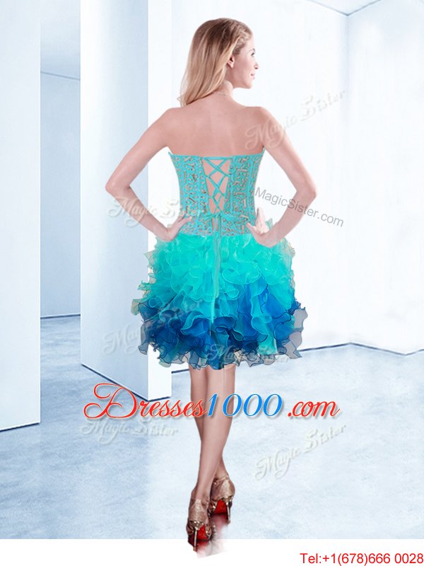 Dazzling Knee Length Aqua Blue Glitz Pageant Dress Organza Sleeveless Ruffles