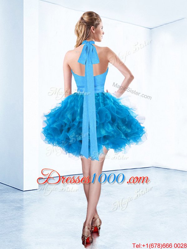 Halter Top Sleeveless Mini Length Ruching and Belt Zipper Pageant Dresses with Baby Blue