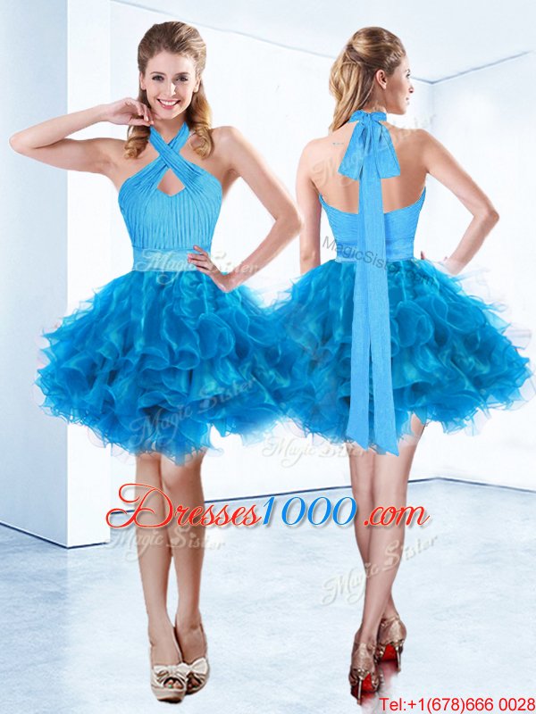 Halter Top Sleeveless Mini Length Ruching and Belt Zipper Pageant Dresses with Baby Blue