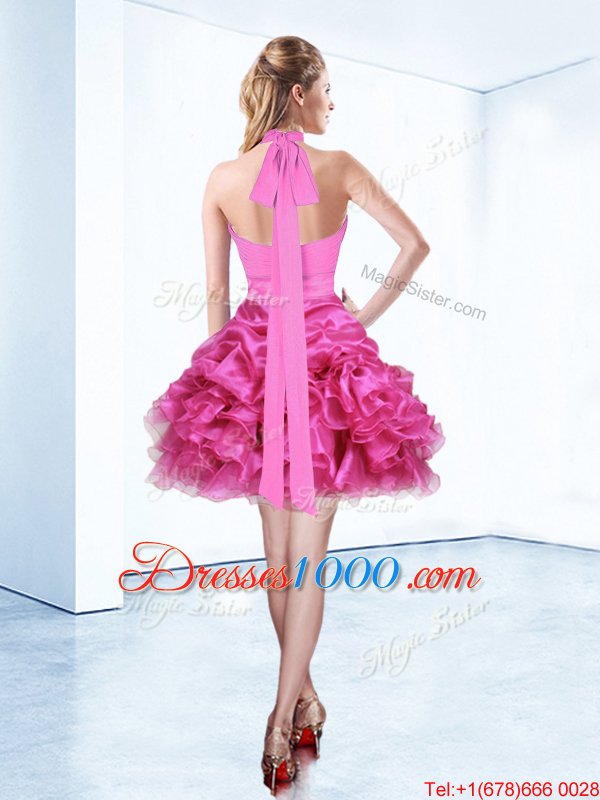 Attractive Halter Top Mini Length Zipper High School Pageant Dress Hot Pink and In for Prom and Party with Ruffles and Ruching and Belt
