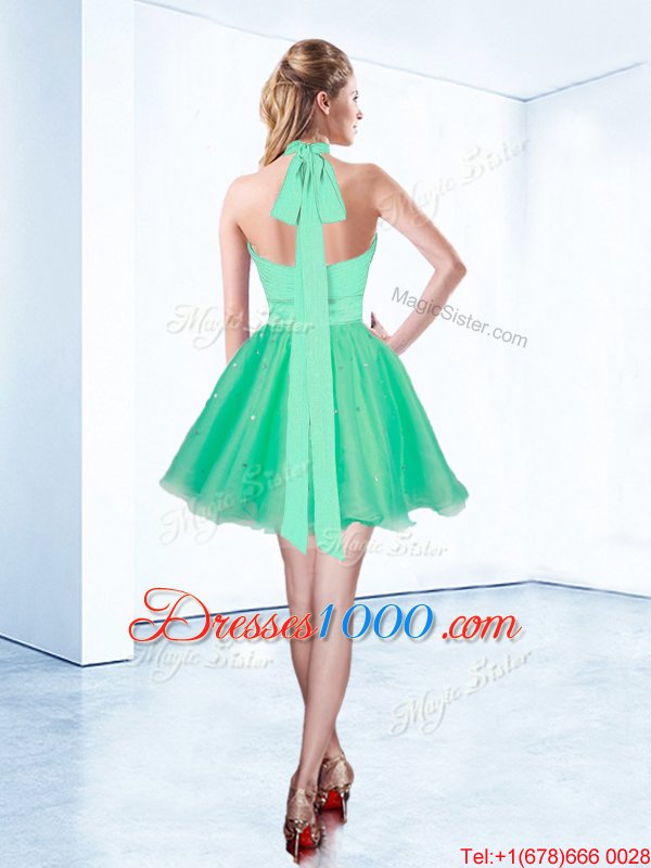 Turquoise Zipper Halter Top Ruching and Belt Evening Gowns Organza Sleeveless