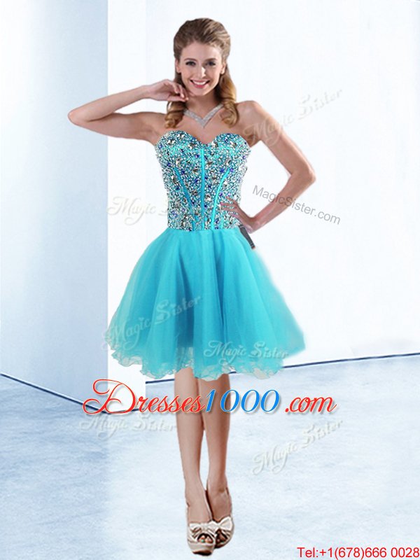 New Arrival Knee Length Lace Up Glitz Pageant Dress Aqua Blue and In for Prom and Party with Beading