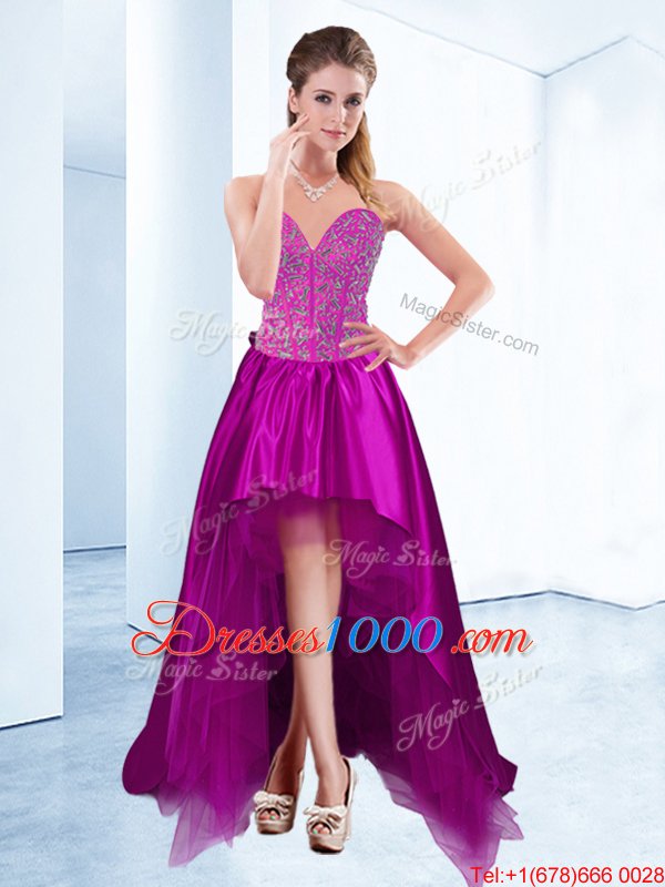 Fuchsia Satin Lace Up Sweetheart Sleeveless High Low High School Pageant Dress Beading
