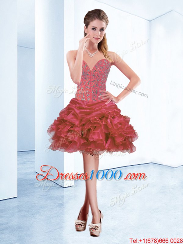 Sophisticated Coral Red Sleeveless Beading and Ruffles and Pick Ups Mini Length Pageant Dress Womens