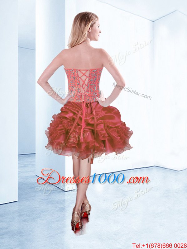Sophisticated Coral Red Sleeveless Beading and Ruffles and Pick Ups Mini Length Pageant Dress Womens