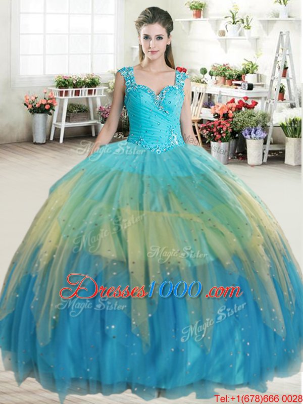 Fancy Multi-color Straps Neckline Beading and Ruffled Layers Quince Ball Gowns Sleeveless Zipper