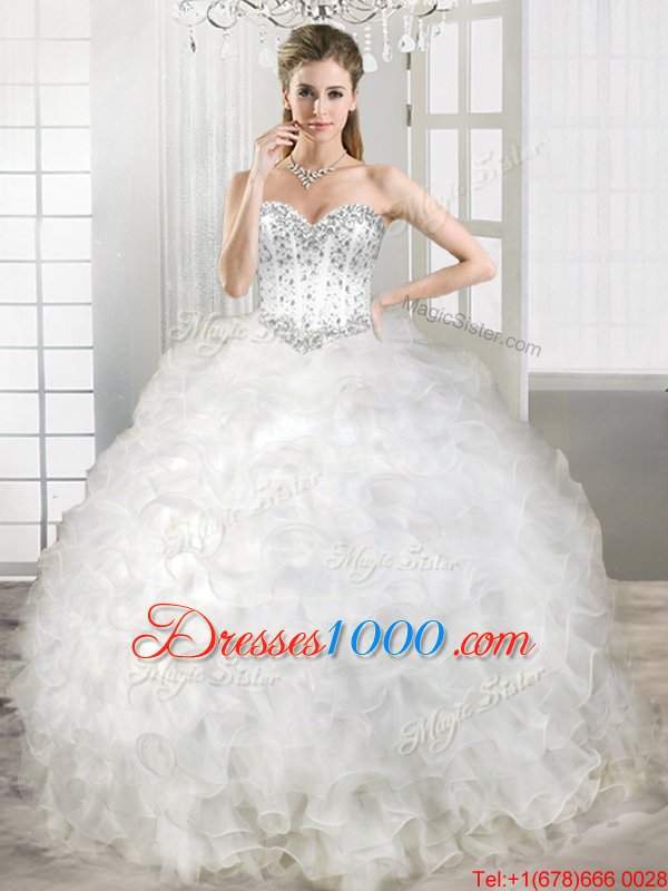 Extravagant Ball Gowns Ball Gown Prom Dress White Sweetheart Organza Sleeveless Floor Length Lace Up