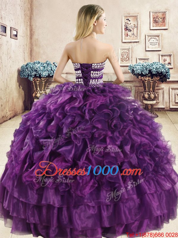 Stunning Wine Red Sleeveless Beading and Ruffles Floor Length 15th Birthday Dress