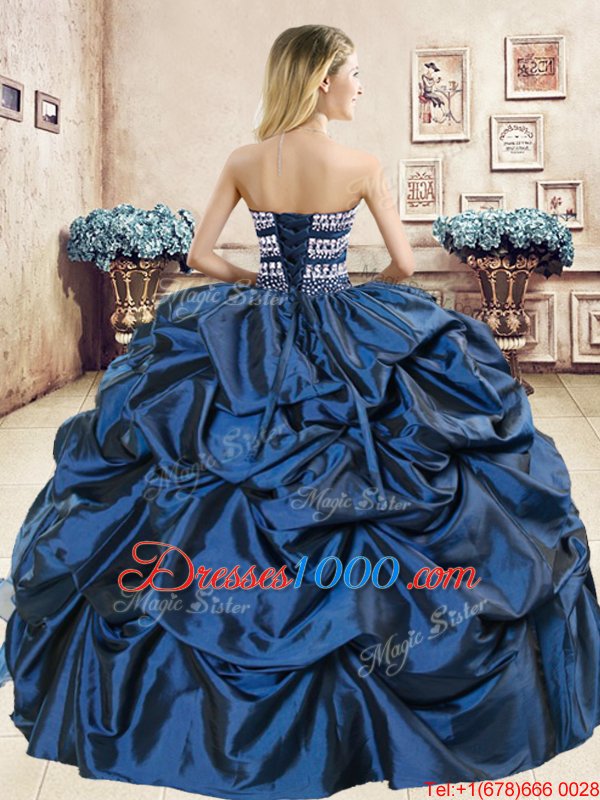 Wonderful Sleeveless Floor Length Beading and Embroidery and Pick Ups Lace Up 15th Birthday Dress with Navy Blue