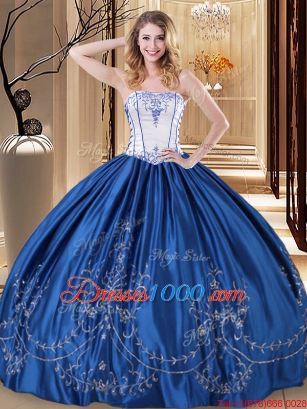 Custom Fit Sleeveless Taffeta Floor Length Lace Up Quinceanera Dress in Royal Blue for with Embroidery
