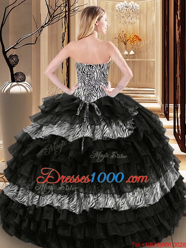 Affordable Printed Ruffled Floor Length Ball Gowns Sleeveless Black Quince Ball Gowns Lace Up
