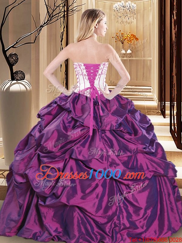 Purple Taffeta Lace Up Strapless Sleeveless Floor Length Quinceanera Dresses Embroidery