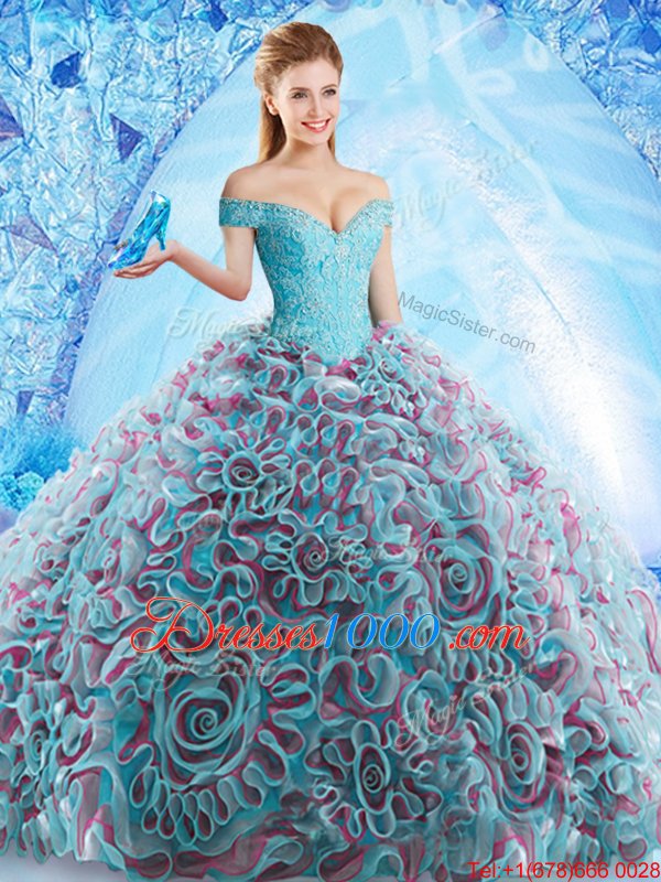 Adorable Multi-color Off The Shoulder Neckline Beading and Appliques and Ruffles 15 Quinceanera Dress Sleeveless Backless