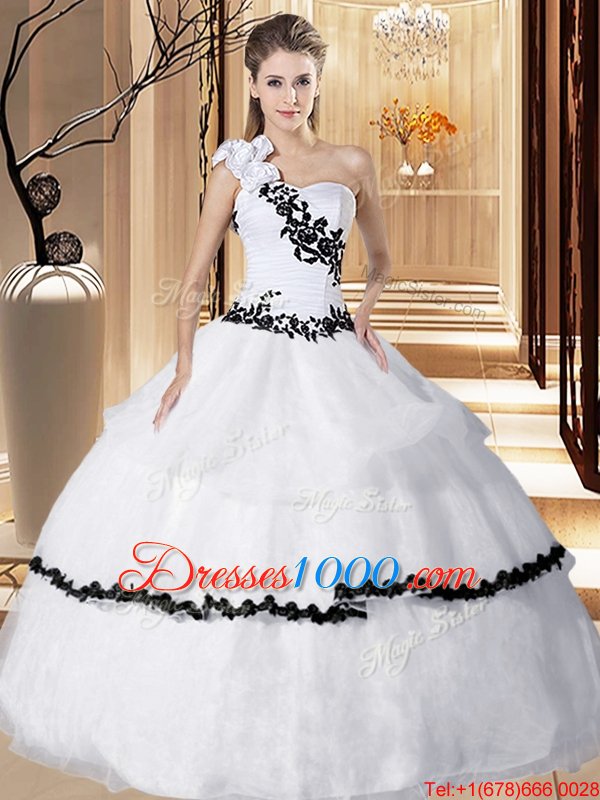 One Shoulder Sleeveless Floor Length Appliques and Hand Made Flower Lace Up Vestidos de Quinceanera with White