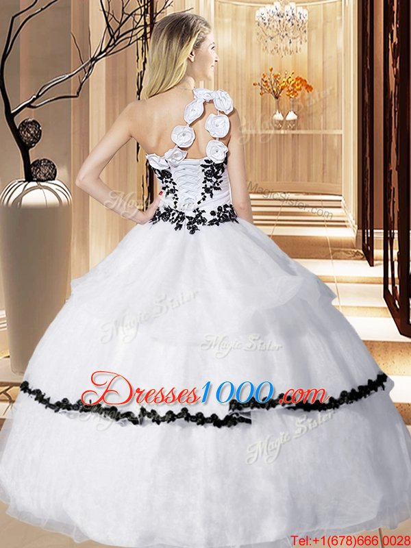One Shoulder Sleeveless Floor Length Appliques and Hand Made Flower Lace Up Vestidos de Quinceanera with White