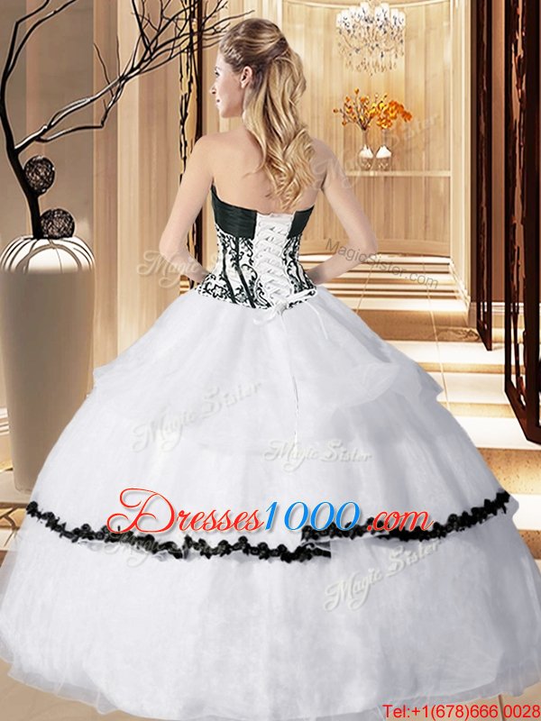 White Ball Gowns Sweetheart Sleeveless Organza Floor Length Lace Up Embroidery and Ruffled Layers 15th Birthday Dress