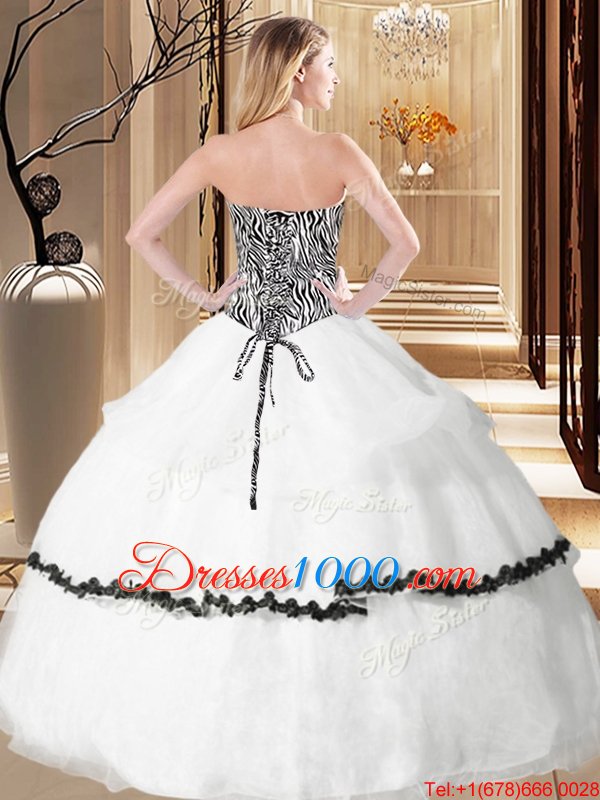 Spectacular Floor Length White 15th Birthday Dress Organza Sleeveless Ruffled Layers and Pattern